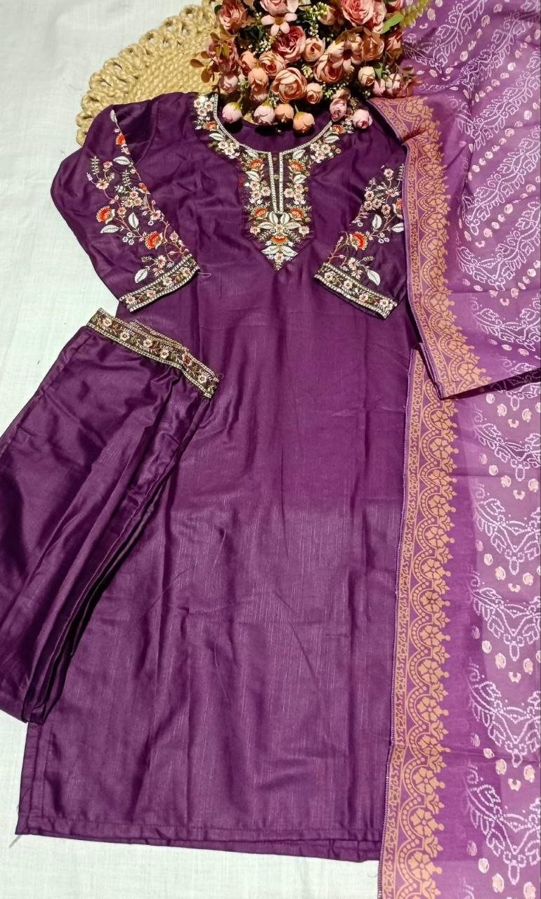 Vf 54 Rayon Slub With Embroidery Work Kurti With Bottom Dupatta